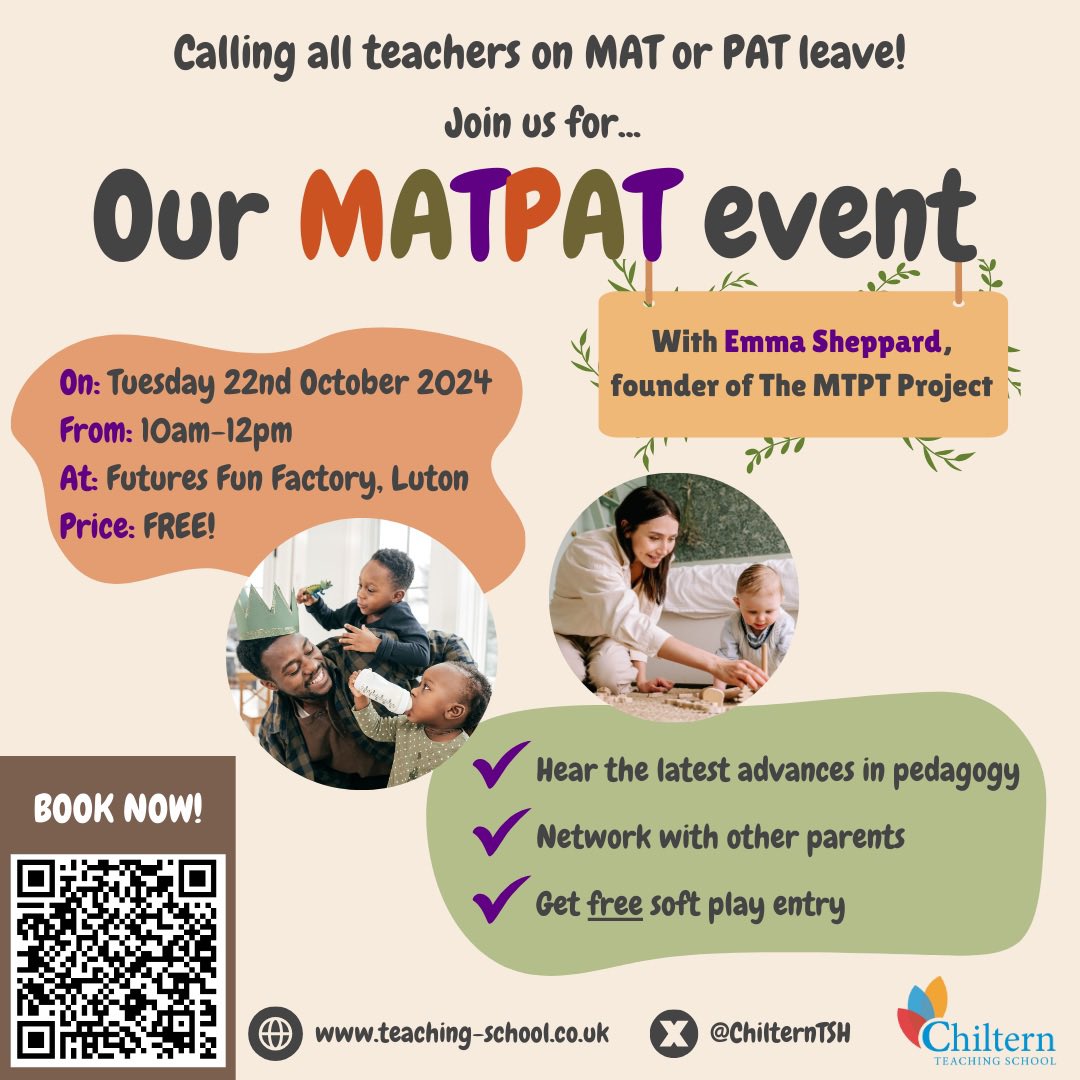 Chiltern Teaching School (@chilterntsh) on Twitter photo Are you on MAT or PAT leave? Come along for some free CPD and soft play
We will be joined by <a href="/emma_au_soleil/">📝 Emma “Useful” Sheppard 📖</a> founder of <a href="/mtpt_project/">The MTPT Project</a> 👶📚
🗓️Tuesday 22nd October
⏰10am-12pm
📍Futures Fun Factory, Luton
Little ones of course welcome!
To book: eventbrite.co.uk/e/matpat-netwo… Are you on MAT or PAT leave? Come along for some free CPD and soft play
We will be joined by <a href="/emma_au_soleil/">📝 Emma “Useful” Sheppard 📖</a> founder of <a href="/mtpt_project/">The MTPT Project</a> 👶📚
🗓️Tuesday 22nd October
⏰10am-12pm
📍Futures Fun Factory, Luton
Little ones of course welcome!
To book: eventbrite.co.uk/e/matpat-netwo…