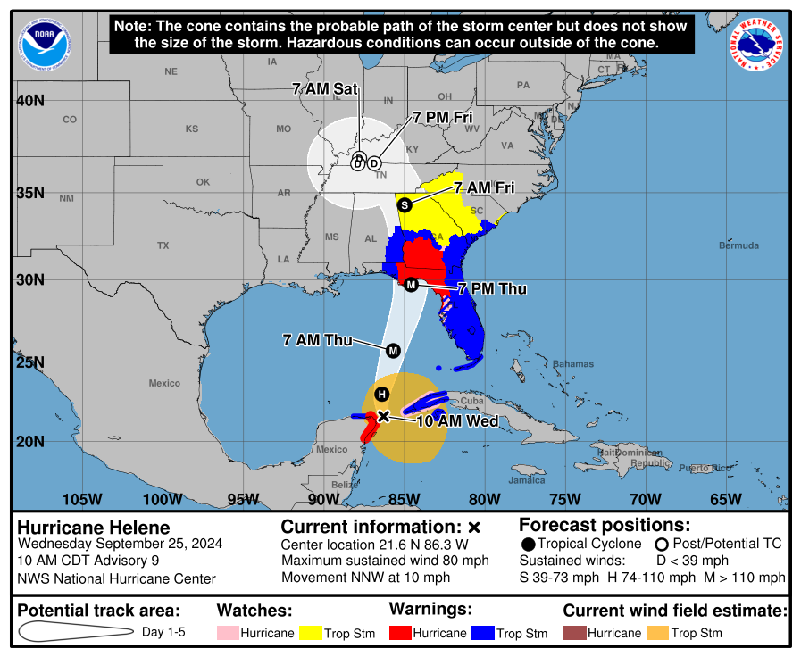 NHC_Atlantic's tweet photo. The new experimental cone graphic shows the extent of impacts #Helene will bring to the U.S. This includes the hurricane warning which extends well inland from the coast. https://t.co/OMe3lxN1tL