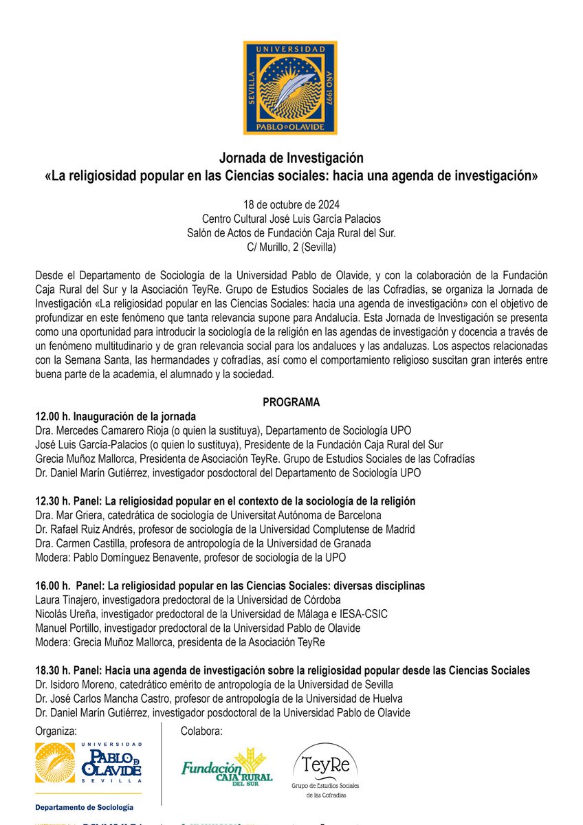 grupoteyre's tweet photo. Tenemos el gusto de anunciar que el 18 de octubre tendrá lugar nuestra primera Jornada de Investigación sobre la Religiosidad Popular en las Ciencias Sociales 📑

La asistencia es gratuita, siendo necesario apuntarse a través de este formulario: https://t.co/glLT3mimgF https://t.co/jMFIjNstI1