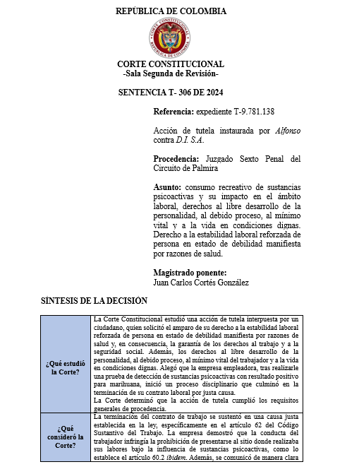 articulo20's tweet photo. SENTENCIA RECOMENDADA 🗣 

#Constitucional #Laboral

Trabajadores con patologías derivadas del consumo de sustancias psicoactivas o alcohol pueden tener estabilidad laboral reforzada

SENT: T- 306 DE 2024 | EXP: T-9.781.138 https://t.co/eGx5YBMOSq