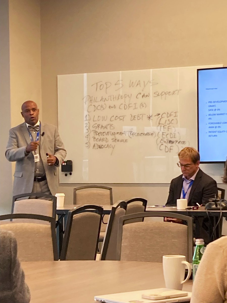 Top 5 ways philanthropy can support CDCs and CDFI(s):
- low cost debt 
- grants
- pre-development funding (recoverable)
- board service (knowledge/capacity) to CDC, CDFI, etc
- advocacy 
#PhilFWD24 <a href="/GrCinciFdn/">Greater Cincinnati Foundation</a>