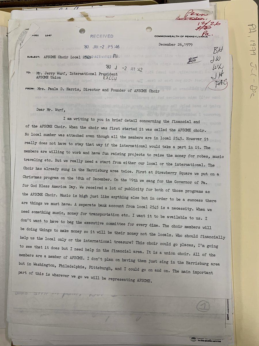 Impassioned letter from Local 2545's Paula Harris, founder of the <a href="/AFSCME/">AFSCME</a> Choir, seeking support. "This choir could go places, I'm going to see that it does...." Dec 26, 1979. The choir's picture appeared in the Feb 1980 issue of Public Employee. <a href="/afscmecouncil13/">AFSCME Council 13</a> <a href="/LaborArchivists/">Labor Archives</a>