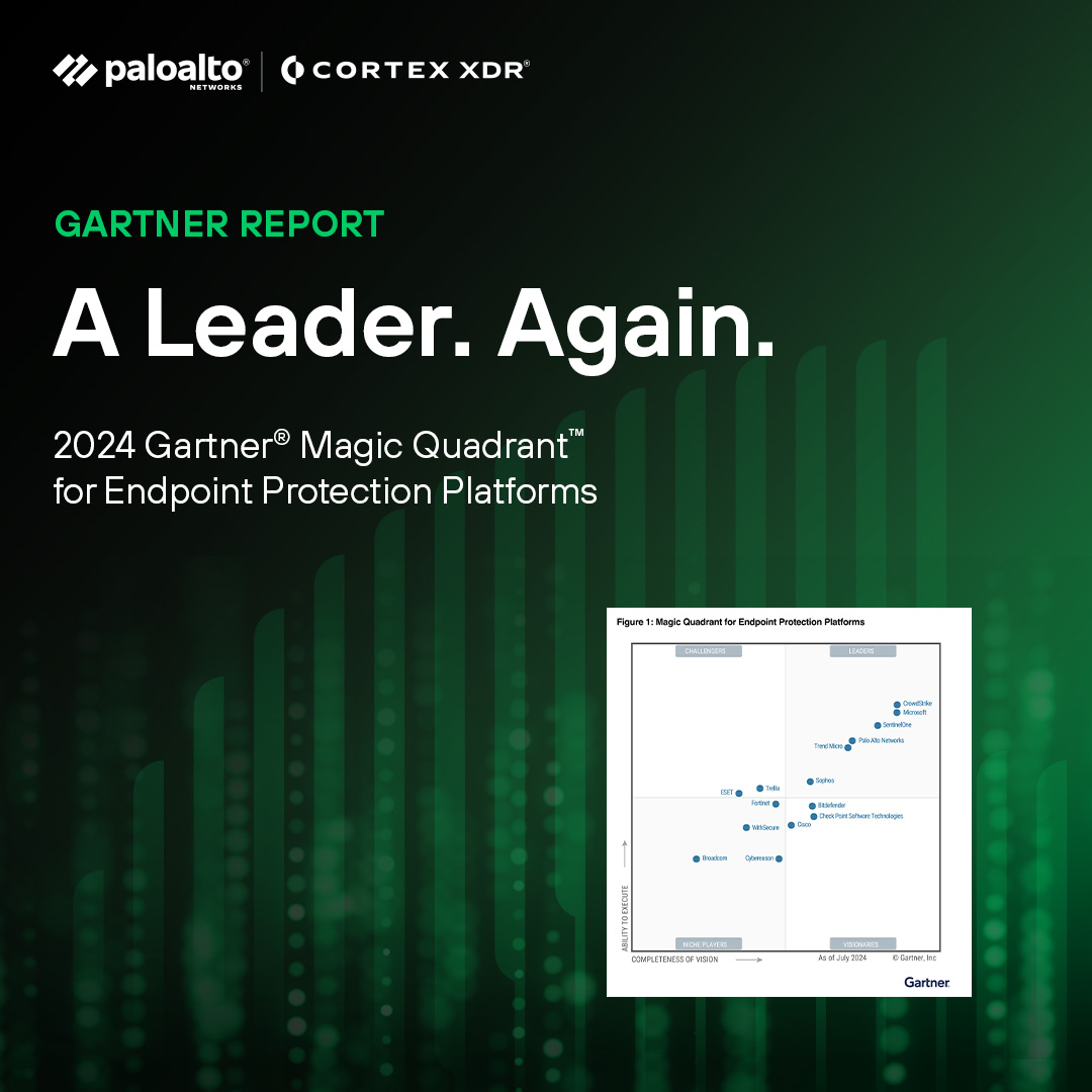 Cortex by Palo Alto Networks (@cortexbypanw) on Twitter photo SOC transformation powered by AI? It’s 🔑
<a href="/PaloAltoNtwks/">Palo Alto Networks</a> has been named a Leader in the 2024 Gartner® Magic Quadrant™ for Endpoint Protection Platforms (EPP) for the second year in a row 🎉
See why we were named a Leader – once again. bit.ly/4de95xS SOC transformation powered by AI? It’s 🔑
<a href="/PaloAltoNtwks/">Palo Alto Networks</a> has been named a Leader in the 2024 Gartner® Magic Quadrant™ for Endpoint Protection Platforms (EPP) for the second year in a row 🎉
See why we were named a Leader – once again. bit.ly/4de95xS