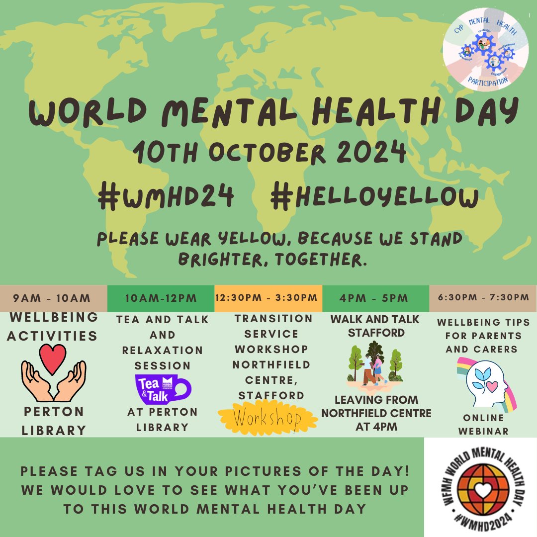 MHparticipation's tweet photo. Celebrate World Mental Health Day with our team on October 10th! Let’s come together to raise awareness, support one another, and promote mental well-being in our community. For more information, please email participation@mpft.nhs.uk (2)
#WMHD2024
#cypmhparticpation #mpft https://t.co/PkfQ64nNuT
