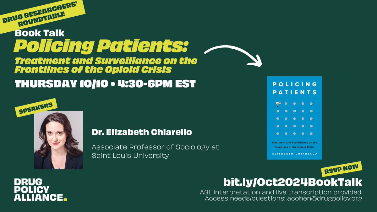 Sheila Vakharia PhD MSW (@myharmreduction) on Twitter photo NEXT WEEK: Oct 10th 4:30-6pm EST
Join us for a book talk with <a href="/Liz_Chiarello/">Liz Chiarello.com</a> about her latest, "Policing Patients: Treatment and surveillance on the frontlines of the opioid crisis." Bring your questions!
Register: bit.ly/Oct2024BookTalk NEXT WEEK: Oct 10th 4:30-6pm EST
Join us for a book talk with <a href="/Liz_Chiarello/">Liz Chiarello.com</a> about her latest, "Policing Patients: Treatment and surveillance on the frontlines of the opioid crisis." Bring your questions!
Register: bit.ly/Oct2024BookTalk