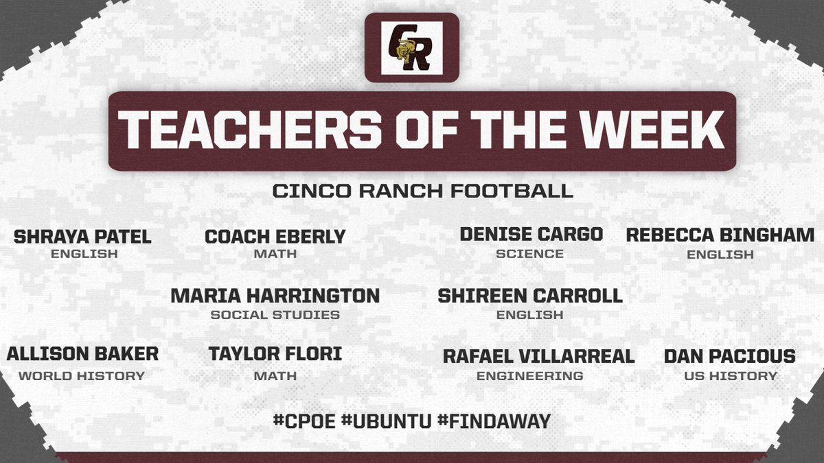 coachgaitan's tweet photo. 👏🐾 A big shoutout to the amazing Cinco Ranch Cougar football Teachers of the Week! Your impact goes far beyond the classroom—thank you for inspiring our Cougars every day! 📚❤️ #CPOE #UBUNTU #FINDAWAY #THSCABrandAmbassador @THSCAcoaches @cincofb https://t.co/ucgIEMeBYI