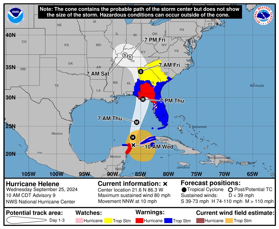 Wednesday 11am NHC update. Now Hurricane Helene. 80mph. 979mb ...