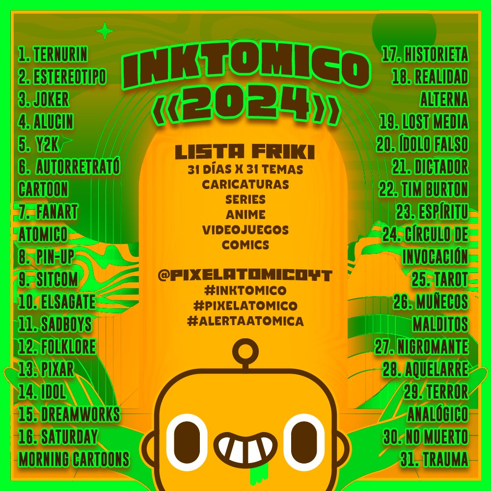 pixelatomicoyt's tweet photo. ¡Están todos convocados! 🎨✨ ¡Bienvenidos a #Inktomico! Este mes celebramos la pasión friki y queremos ver su talento. 💥🎮 ¡Comparte tus creaciones y las mostraremos en nuestras redes! 🌟 Únete al reto y sé parte de la explosión creativa: #Inktomico #PixelAtomico #AlertaAtómica https://t.co/Xx44JoFNxr