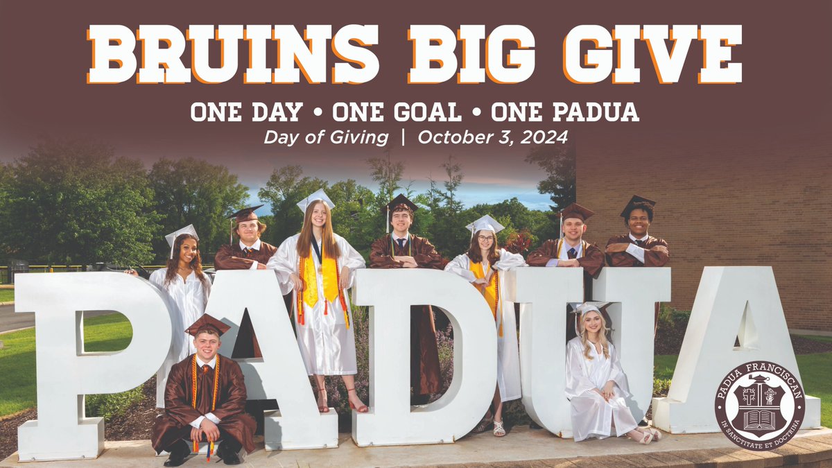 Bruins Big Give is 1 week away! Donations support our academic programs like MedTrack® &amp; MyTrack®, Fine Arts, Athletics, &amp; clubs. Please give anytime between now &amp; Oct. 3rd. Every dollar makes a difference.

DONATE: paduafranciscan.com/giving/donate-… or Venmo <a href="/PaduaBruins/">PFHS Student Section</a>

#BruinsBigGive
