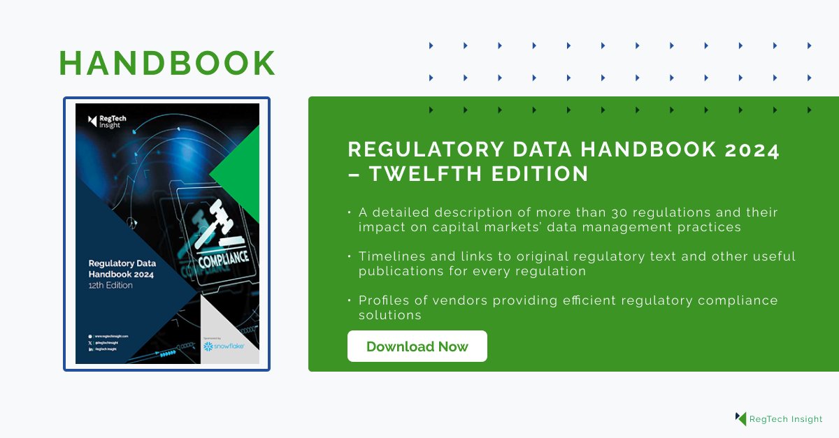 ATeamInsight's tweet image. The 12th Edition of the much loved Regulatory Data Handbook is now available for download!

Get your copy: a-teaminsight.pulse.ly/kc6potfvcw

#regulatorydata #regdata #regtech #capitalmarkets #regulations #regulatorychange #AI #Airegulation #CFTCrewrite #CSRD #DORA #FRTB #MAR #MiCA #MAS