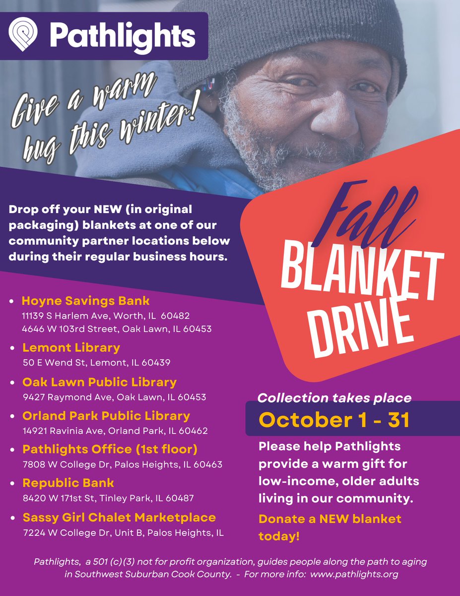 OrlandPkLibrary's tweet photo. We are collecting blankets on behalf of Pathlights. Blankets will be distributed to low-income older adults in the Pathlights service area which includes Orland Park.
-Blankets collected Oct. 1-31
-Only new blankets accepted
Visit https://t.co/PnXGwMqVfc for details
#Pathlights https://t.co/8OZwZDJaAk