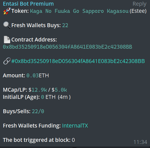 entasiBot's tweet photo. A gem discovered by our $ETH bots. $Estee was detected at 15K marketcap. Current ATH 600K
Subscribe to Entasi here: https://t.co/trWX8EFMt4
Entasi for the win!
CA: 0x8bd35250918eD056304fA8641E083bE2c42308BB
#entasibots #volumetracker #ai #memecoin #bullrun #crypto #ESTEE https://t.co/jV7dCXj7AK