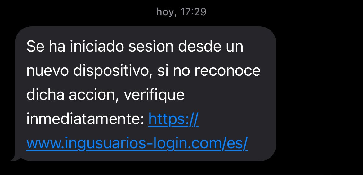 PassasVaro's tweet photo. Hola @ING_es . Uno de nuestros clientes está recibiendo estos mensajes y le hemos alertado de que se trata de un nuevo caso de phishing. Nos gustaría que nos confirmaseis que se trata de un intento de suplantación de identidad y que alertéis a vuestra comunidad de este fraude. https://t.co/rh3OfQKJyc