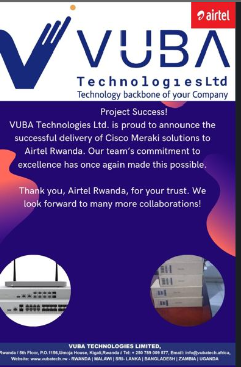 We're thrilled to announce that <a href="/Vubatech/">Vuba Technologies LTD</a>  has successfully provided Cisco Meraki solutions to Airtel Rwanda! 🎉 Our team's dedication to quality made this possible. Thank you, <a href="/airtelrw/">Airtel Rwanda</a>   Rwanda, for your trust. We look forward to more collaborations in the future!