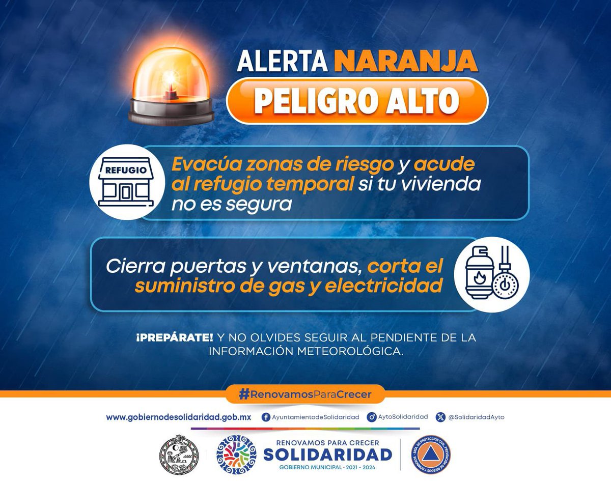 SPC_Solidaridad's tweet photo. 🚨 Aviso | En base a los datos del Centro Nacional de Huracanes, Helene evolucionó a Huracán Categoría 1, continuamos en 🟠 “Alerta Naranja” peligro alto, para Solidaridad. Ya se encuentran habilitados y abiertos los refugios temporales. https://t.co/oF9YyiVNnp