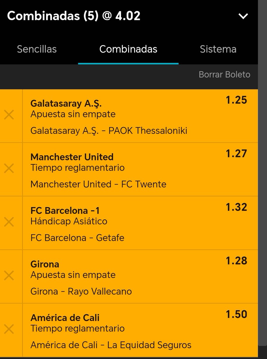 ApuestassLM's tweet image. Combinada Inversión Baja 📊

Apuesta Sin Empate Galatasaray ✅
Gana Manchester United ✅
Barcelona - 1 Hándicap Asiático✅️
Apuesta Sin Empate Girona ✅️
Gana América de Cali ✅

#Parley #Combinada #FreePicks #Futbol #EuropaLeague #FutbolColombiano #LALIGAEASPORTS