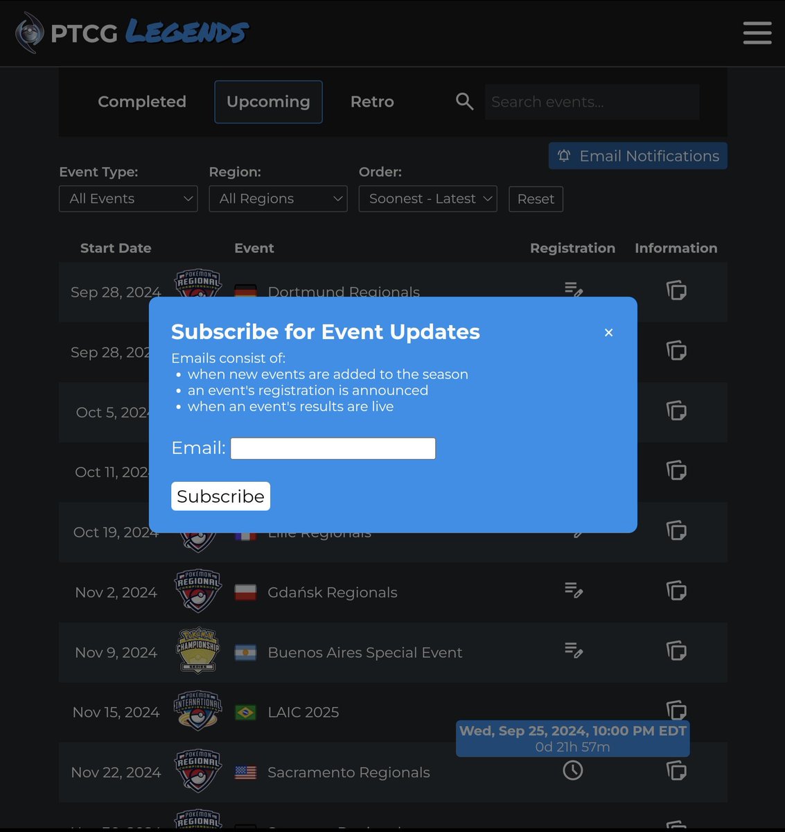 PTCG Legends (@ptcg_legends) on Twitter photo Never miss an event update! No more searching twitter, no more word of mouth... Stop living in the 90's and sign up to our email chain & get an email every time a major event's registration is announced + more! It's so simple... ptcglegends.com/tournaments/up…
#PlayPokemon #PokemonTCG Never miss an event update! No more searching twitter, no more word of mouth... Stop living in the 90's and sign up to our email chain & get an email every time a major event's registration is announced + more! It's so simple... ptcglegends.com/tournaments/up…
#PlayPokemon #PokemonTCG