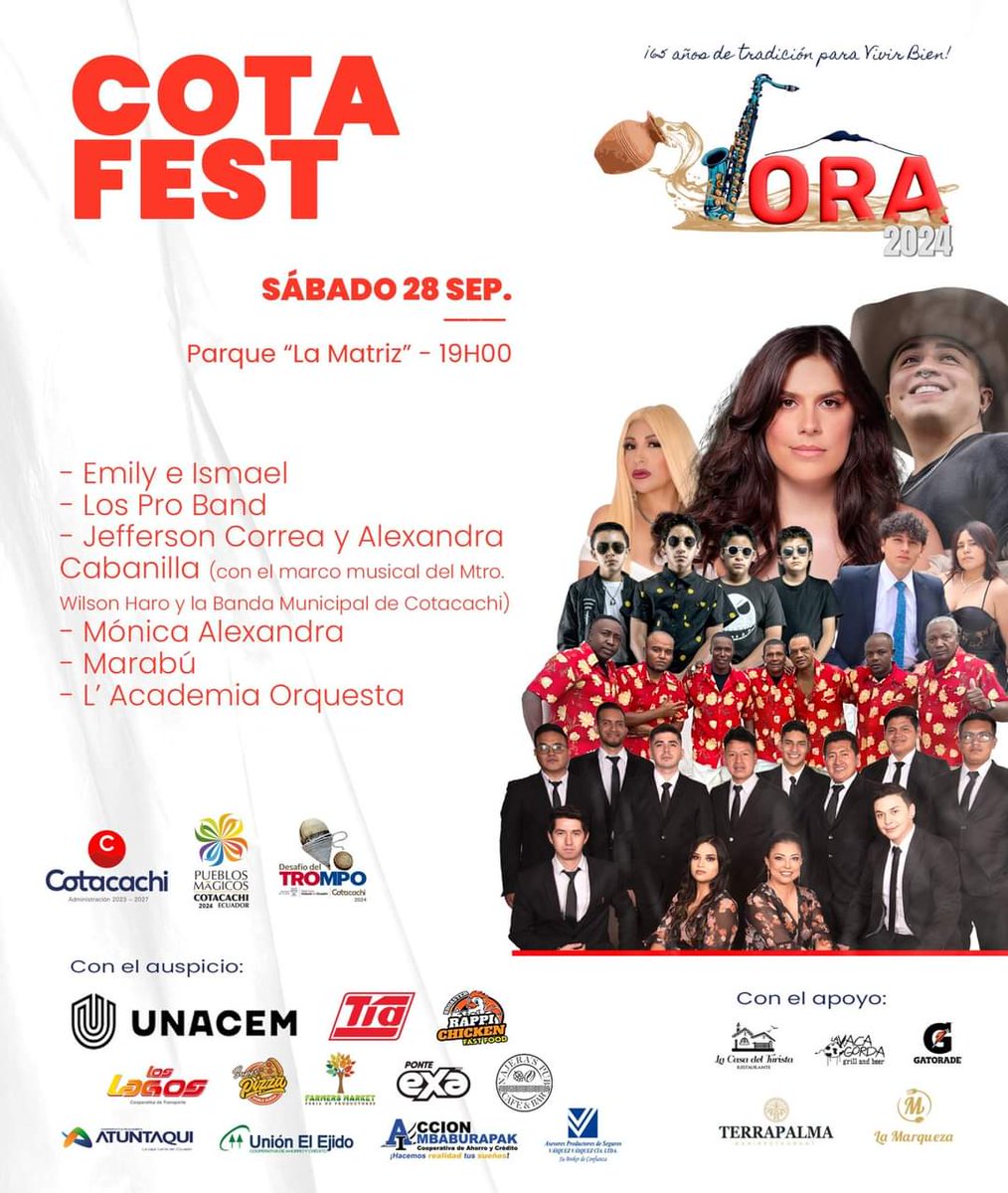 AdnRadio74's tweet photo. ❗Última semana de la #Jora2024 🎉

🎶 Cota Fest 🎶

📅 Sábado, 28 de septiembre  
🕖 19h00  
📌 Parque La Matriz  

✨ Les esperamos ✨  

🌟 Welcome to #Cotacachi! 🌟

#MunicipioDeCotacachi  
#CotacachiSePoneBien 💪🎊 https://t.co/n4NPq19YqF