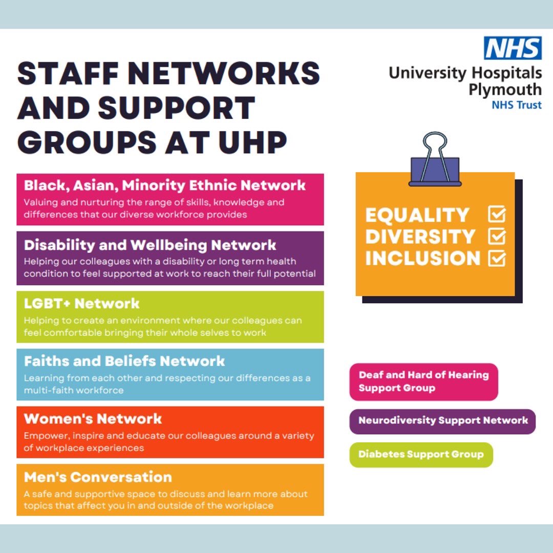 UHP Staff Wellbeing (@uhpwellbeing) on Twitter photo It’s National Inclusion Week! Join colleagues from the EDI team at a drop-in on Friday to talk about how we can make UHP a more inclusive place to work.
Swipe to see all of our fabulous staff networks!
<a href="/uhp_nhs/">University Hospitals Plymouth NHS Trust</a> <a href="/EDIuhpt/">Equality, Diversity & Inclusion Team at UHP</a> It’s National Inclusion Week! Join colleagues from the EDI team at a drop-in on Friday to talk about how we can make UHP a more inclusive place to work.
Swipe to see all of our fabulous staff networks!
<a href="/uhp_nhs/">University Hospitals Plymouth NHS Trust</a> <a href="/EDIuhpt/">Equality, Diversity & Inclusion Team at UHP</a>