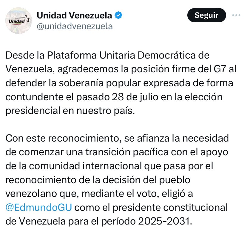 Cambioweb's tweet photo. LO ÚLTIMO | Plataforma Unitaria agradece apoyo del G7 a la expresión popular del 28J: "Con este reconocimiento, se afianza la necesidad de comenzar una transición pacífica" https://t.co/RXwMqEb9EI