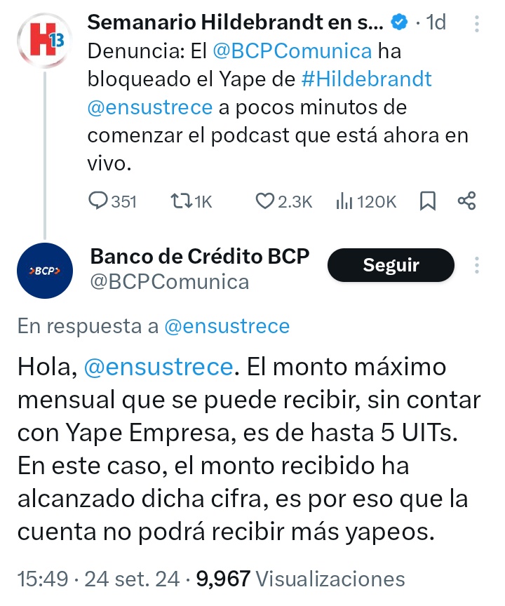 cesarcombina's tweet photo. El chato Hildebrandt no "sufrió" un bloqueo ni hackeo del Yape con el que recolectan fondos. El mismo BCP lo bloqueó porque superó las 5 UITs (+ S/.25,000) y debe pasarse a Yape Empresas ¿Estarán pagando impuestos por todo este billete encubierto? @SUNATOficial https://t.co/gcSKEw3ITf