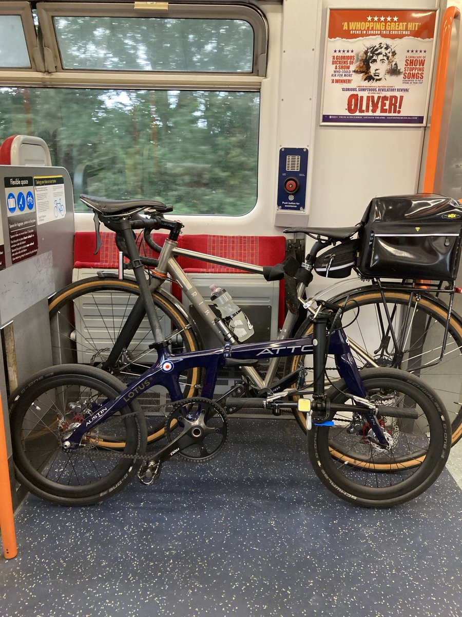 Just been chatting to the owner of an Austin Atto carbon fibre folding bike pictured here in front of mine-he works for the company. Looks really good - carbon fibre so light, and has an oil free belt rather than chain. Genuine rival to Brompton! #austincycles