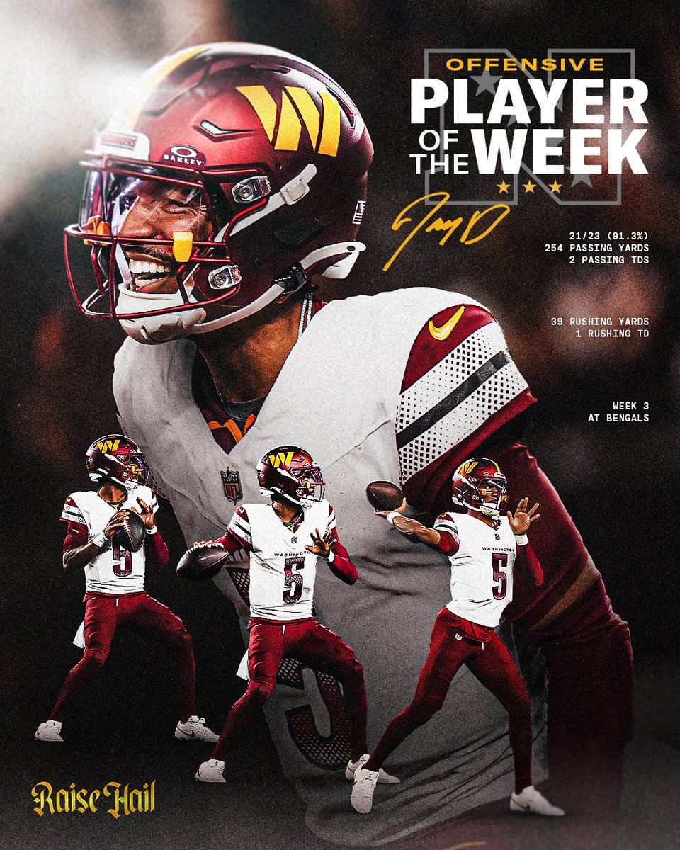Commanders's tweet image. Add it to the resumé ‼️

@JayD__5 nabs his first NFC Offensive Player of the Week award