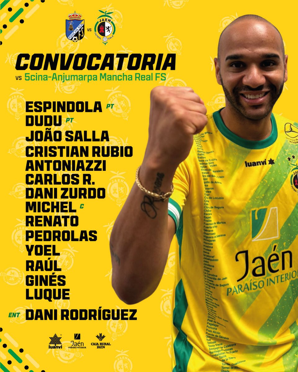 👥 CONVOCATORIA | 𝗔𝗠𝗜𝗦𝗧𝗢𝗦𝗢

👉 Estos son los 1️⃣4⃣ jugadores convocados por <a href="/danirodriguezfs/">🅳🅰🅽🅸 ⓇⓄⒹⓇⒾⒼⓊⒺⓏ⚽📋</a>

❌ <a href="/franklinfutsal8/">Franklin Cavalcante</a>, <a href="/20Chino20/">javier garcia moreno</a> y <a href="/leminee/">Alejandro lemine</a> 

⬆️ <a href="/carlooosluque/">luque😜</a>, <a href="/GinesGodino/">Gines Paz Godino</a>, <a href="/03Pedrolas/">pedrolas 03</a>, <a href="/Carlosrdrgz19/">CR:(:</a>, <a href="/RaulHdezz__/">Raul Hernandez</a> y Yoel
 
⚽️ 20:00 🆚 <a href="/CincocinaFutSal/">5cina-Mancha Real FS</a> 

#SomosJaén💛
