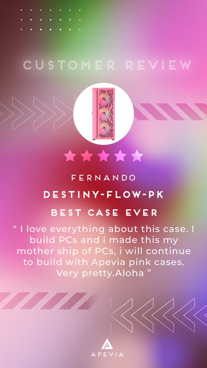 ApeviaCorp's tweet image. Apevia Destiny-Flow-PK — The Best Case Ever! 💗💕
🛒🔗  a.co/d/dwlH2uY
#customerreview #DestinyFlow #gamingpc #pinkcase #pcmr #AmazonShopping #Apevia