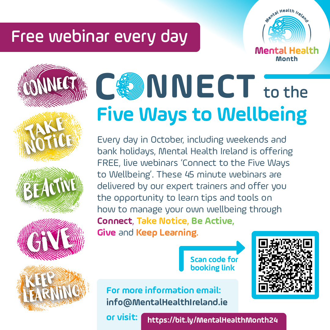 Did you know that Mental Health Ireland is offering FREE webinars every day in #October to celebrate #MentalHealthMonth 💙 with simple tips &amp; tools on how to mind your own #wellbeing 

Visit bit.ly/MentalHealthMo… 

#connectformentalhealth #worldmentalhealthday