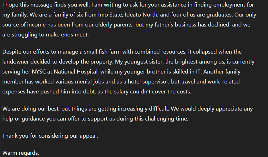 dan_bito22's tweet photo. @ruffydfire 

Can you help? 
I have not personally have any conversation with you, but I believe in you and followed my heart. 

You have done more than enough for the public, please find a place in your heart to add this to the list of people you will help find a job in 2024 https://t.co/jiODYWXWY2