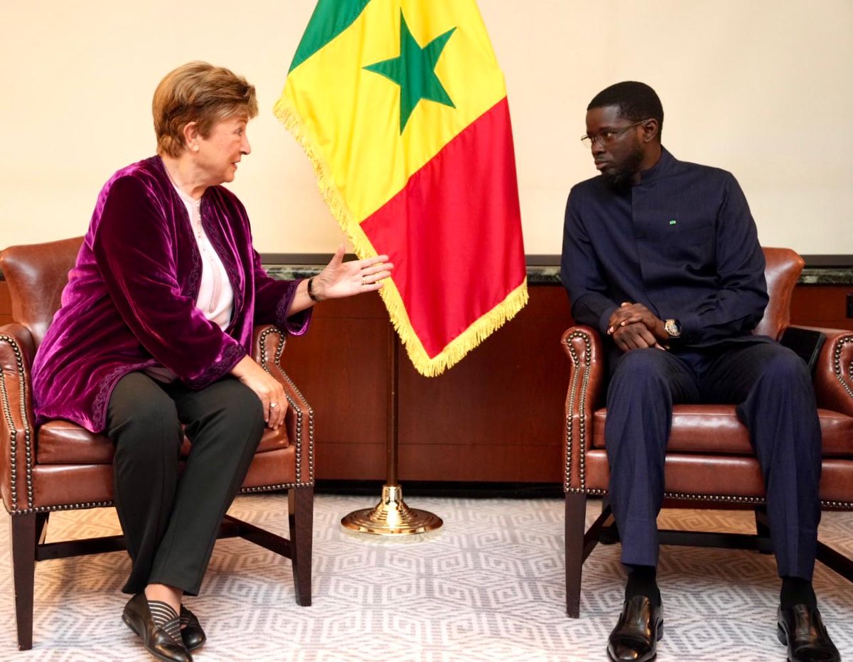 KGeorgieva's tweet photo. Wonderful to meet for the first time with 🇸🇳 Senegal @PR_Diomaye on the sidelines of #UNGA79. We had constructive discussions on ongoing economic reform program and reaffirmed the IMF’s continued support. https://t.co/dViFBsnFzv