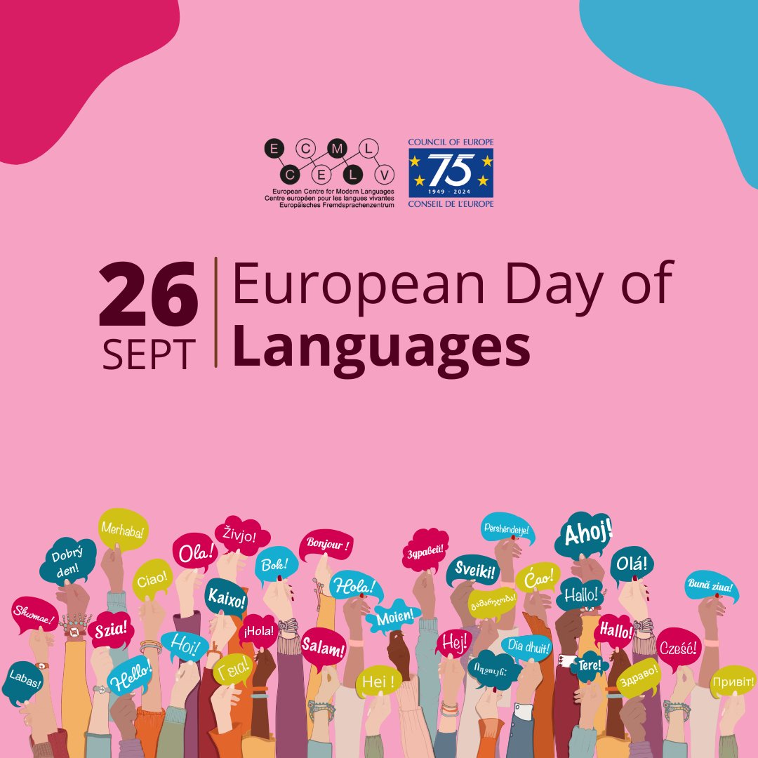 coe's tweet photo. 🎉 Today is the #EuropeanDayOfLanguages! 🎉 
 
It's a day to highlight #Europe’s linguistic and cultural diversity. 
 
Every year since 2001 the European Day of Languages celebrates the wealth of #languages coexisting in Europe and beyond.  
 
#CoEEDL @LithuaniaMFA
Learn more 👇
