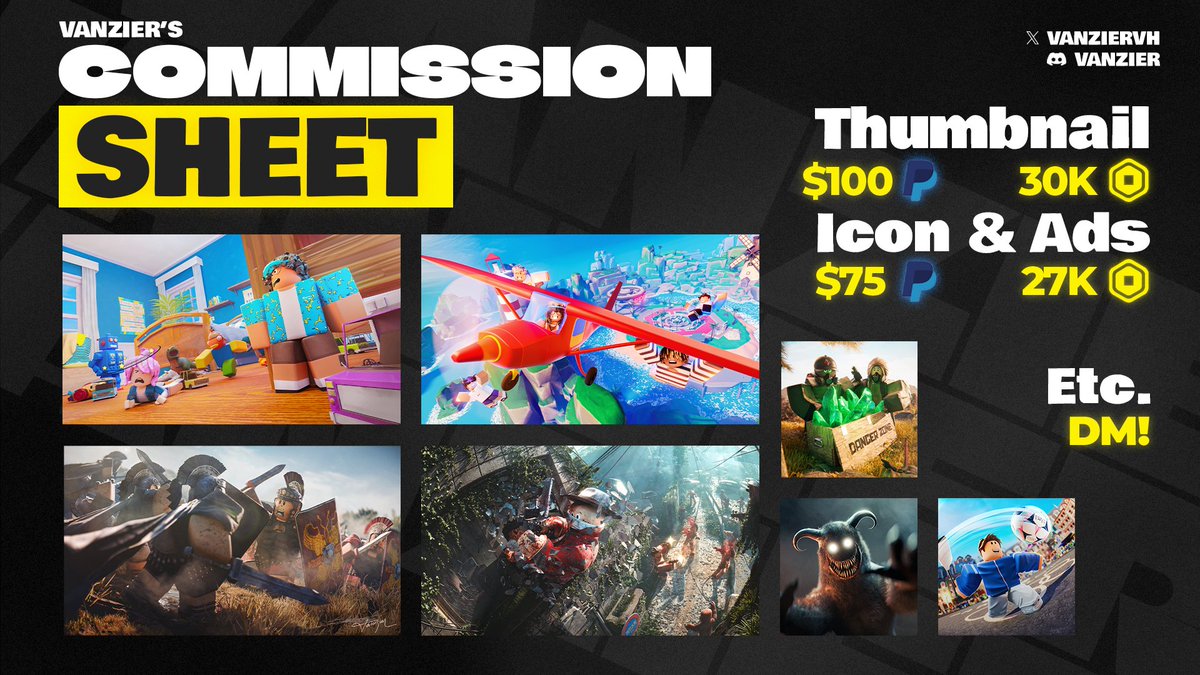 NeW CommiSSioN SHEET!! 😮🚨👮

Contact me on discord <a href="/vanzier/">Ivan Herlambang</a> if you would like to order! I only accept t-shirt for Robux payment

#Roblox #RobloxDev #RobloxArt #RobloxGFX