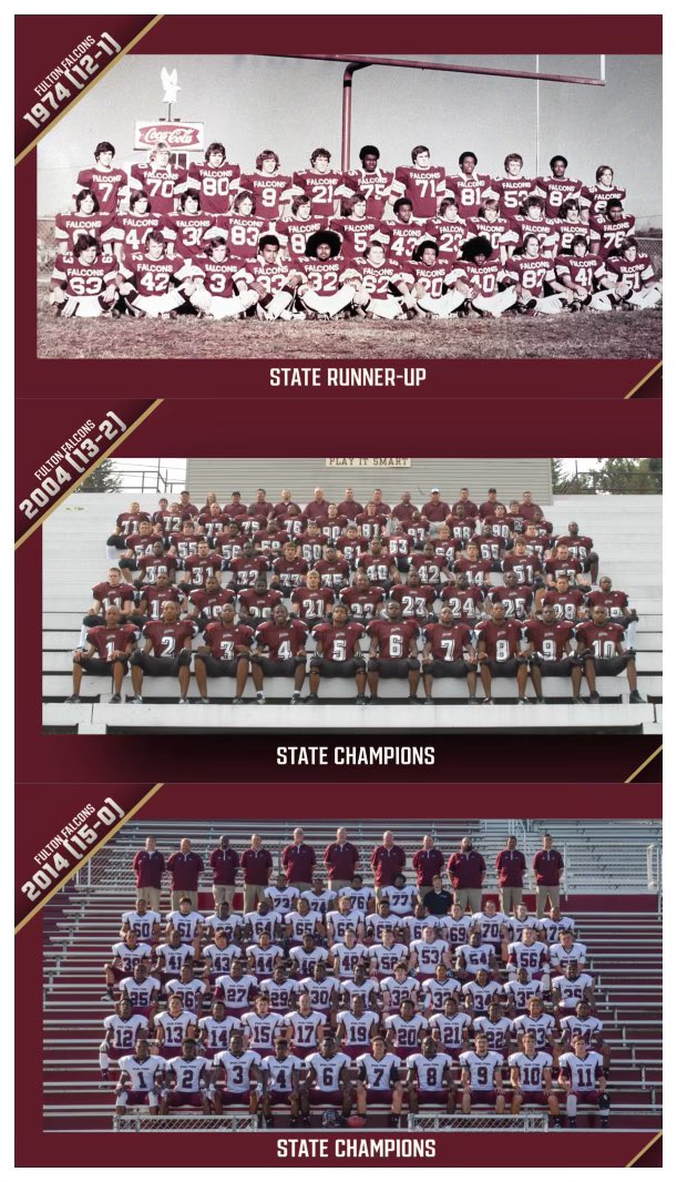 Fulton High School will be honoring the 1974 State Finalist, 2004 Class 3A State Champion, and 2014 State Championship teams during our game on October 4th against South-Doyle. All former players and coaches on these teams are invited to attend. More details to come.