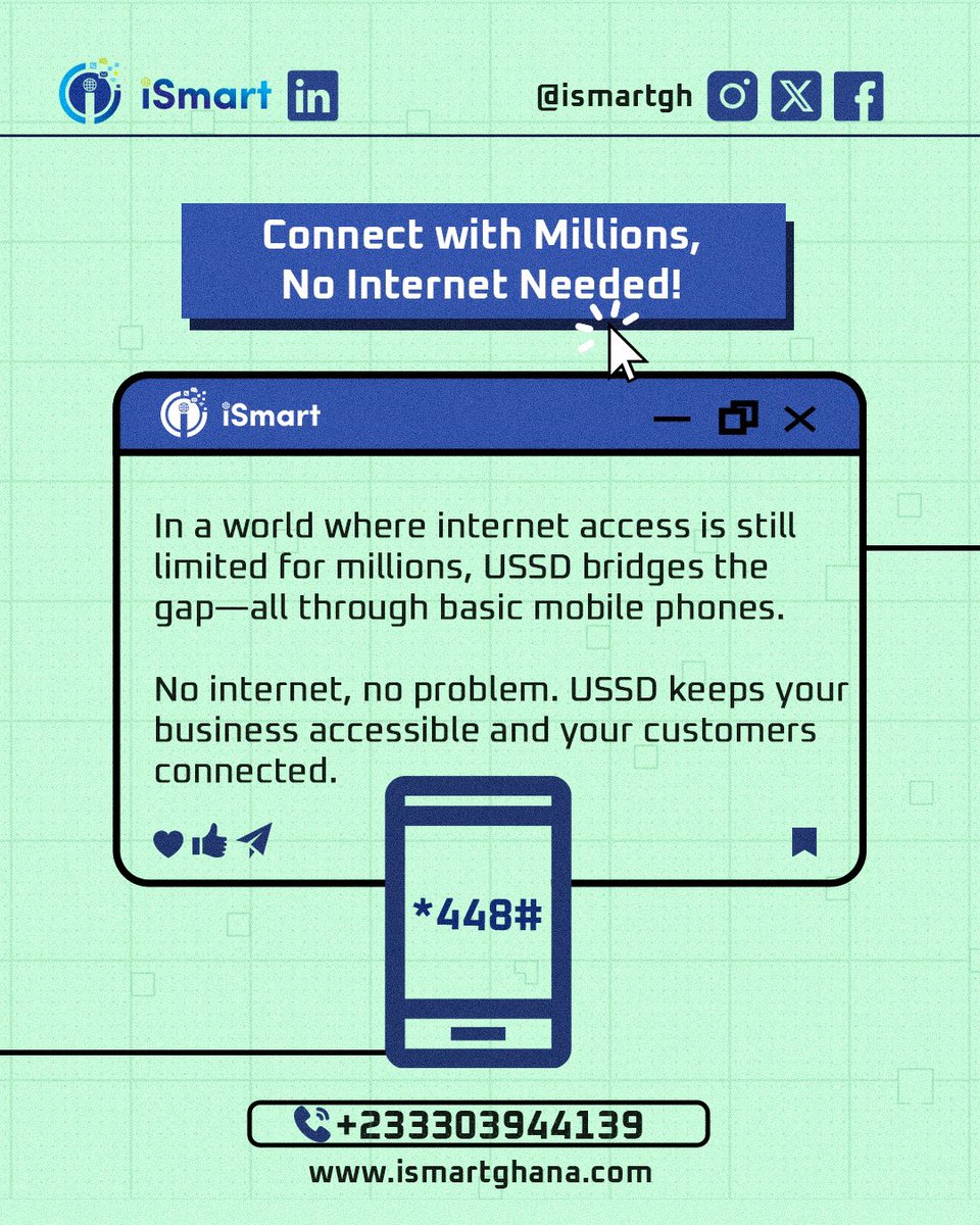 ismartgh's tweet image. Looking for a way to reach customers in regions without internet access? USSD is a game-changer. From mobile banking to real-time updates, USSD bridges the gap for businesses to connect and grow.

#nointernetnoproblem #iSmart #USSDConvinience #seamlesstransactions #ussdrevolution