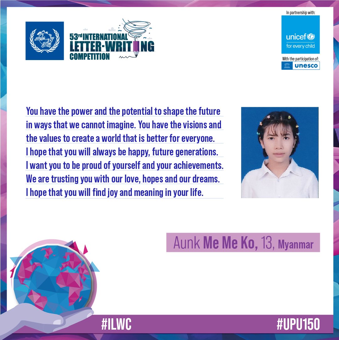UPU_UN's tweet photo. A #LetterToTheFuture✍… from #Myanmar🇲🇲
Aunk Me Me Ko, 13, believes in the power and potential of young people to shape a future beyond imagination, guided by their visions and values🌏
#ILWC #SummitOfTheFuture
https://t.co/AMaGD8WBG0 https://t.co/QgArHAdVxK