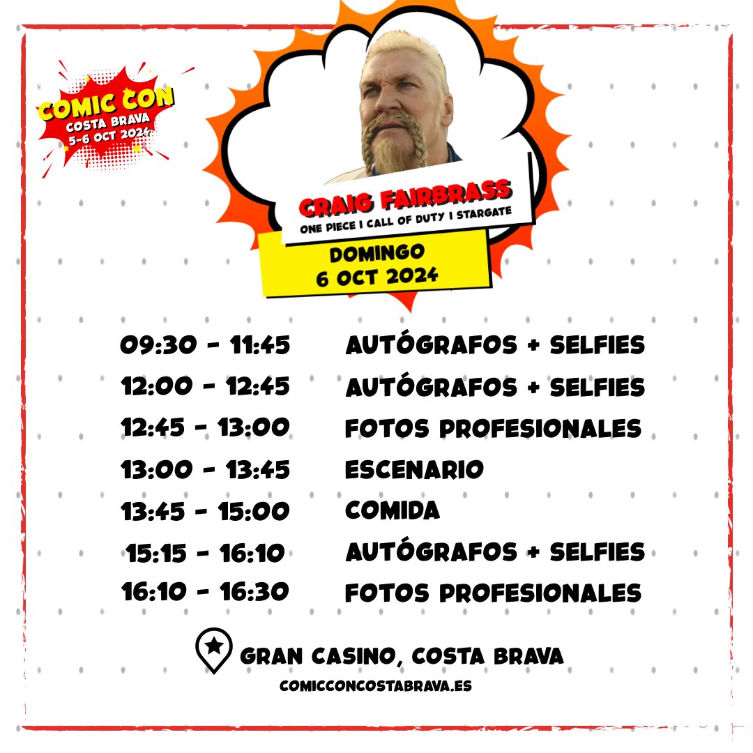 ¡Aquí puedes consultar el horario de Craig Fairbrass, quien interpreta a Chef Zeff en la adaptación en vivo de One Piece! 📅✨  

Revisa los horarios, reserva tu foto o autógrafo y asegúrate de estar a tiempo para tu encuentro con Chef Zeff. 🔥

🔗  comicconcostabrava.es/tienda