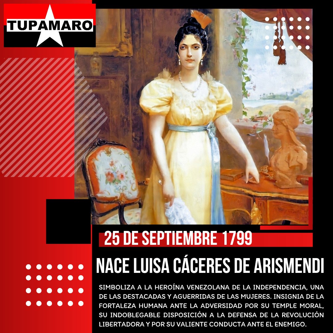 ¡MUJER AGUERRIDA!

Un día como hoy, pero en 1799 nace Luisa Cáceres de Arismendi; Símbolo de gallardía, valentía y tenacidad,mujer de estratégias destacó por su importante ayuda al proceso de la liberación al yugo español.

<a href="/NicolasMaduro/">Nicolás Maduro</a>