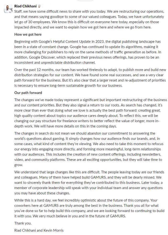 I don't have time to do an article on this garbage right now, but I just want this out online in full following yesterday's mass GAMURS layoff.

I was going back and forth between being mad and laughing while reading this two-faced slap to everyone who was let go. Thread below.