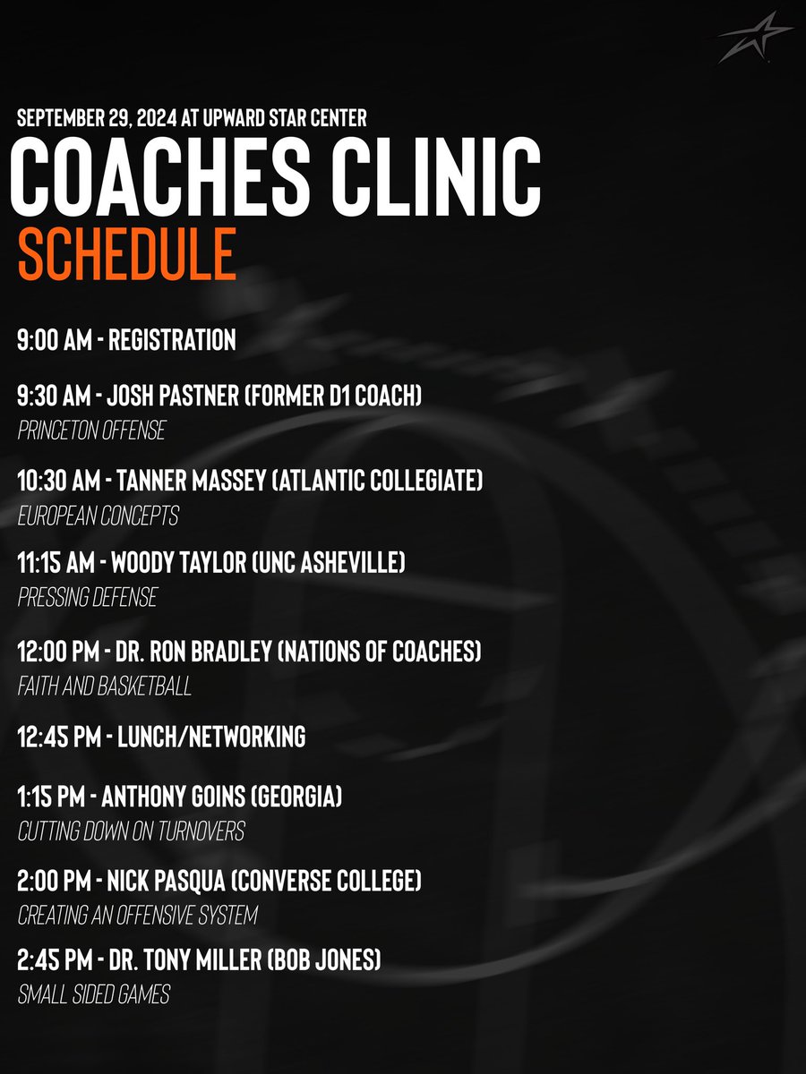David Bentley (@davbentley) on Twitter photo Excited to announce the full schedule for our Coaches Clinic!
We look forward to having you join us, THIS SUNDAY, to improve before the season arrives!
<a href="/CoachJPastner/">Coach Josh Pastner</a> <a href="/TMass10/">Tanner Massey</a> <a href="/DrRonBradley/">Ron Bradley</a> <a href="/CoachG_2/">Anthony Goins II</a> <a href="/tonywmiller/">Coach Tony Miller</a> <a href="/Coach_Pasqua/">Nick Pasqua</a> <a href="/V_WoodyTaylor/">Woody Taylor</a>
🔗: docs.google.com/forms/d/e/1FAI… Excited to announce the full schedule for our Coaches Clinic!
We look forward to having you join us, THIS SUNDAY, to improve before the season arrives!
<a href="/CoachJPastner/">Coach Josh Pastner</a> <a href="/TMass10/">Tanner Massey</a> <a href="/DrRonBradley/">Ron Bradley</a> <a href="/CoachG_2/">Anthony Goins II</a> <a href="/tonywmiller/">Coach Tony Miller</a> <a href="/Coach_Pasqua/">Nick Pasqua</a> <a href="/V_WoodyTaylor/">Woody Taylor</a>
🔗: docs.google.com/forms/d/e/1FAI…