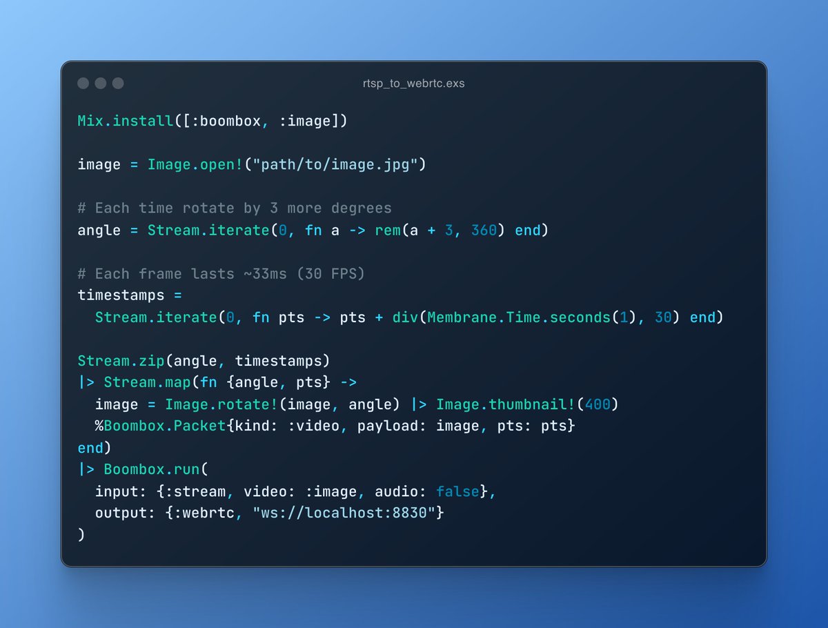 swmansionElixir's tweet image. #BoomboxLaunchWeek

Boombox accepts media stream as an Enumerable.

Thus, you can generate a video using Elixir code and stream it wherever you like 📽️ Here&apos;s an example of streaming a spinning image 🔁

#MyElixirStatus #WebRTC
