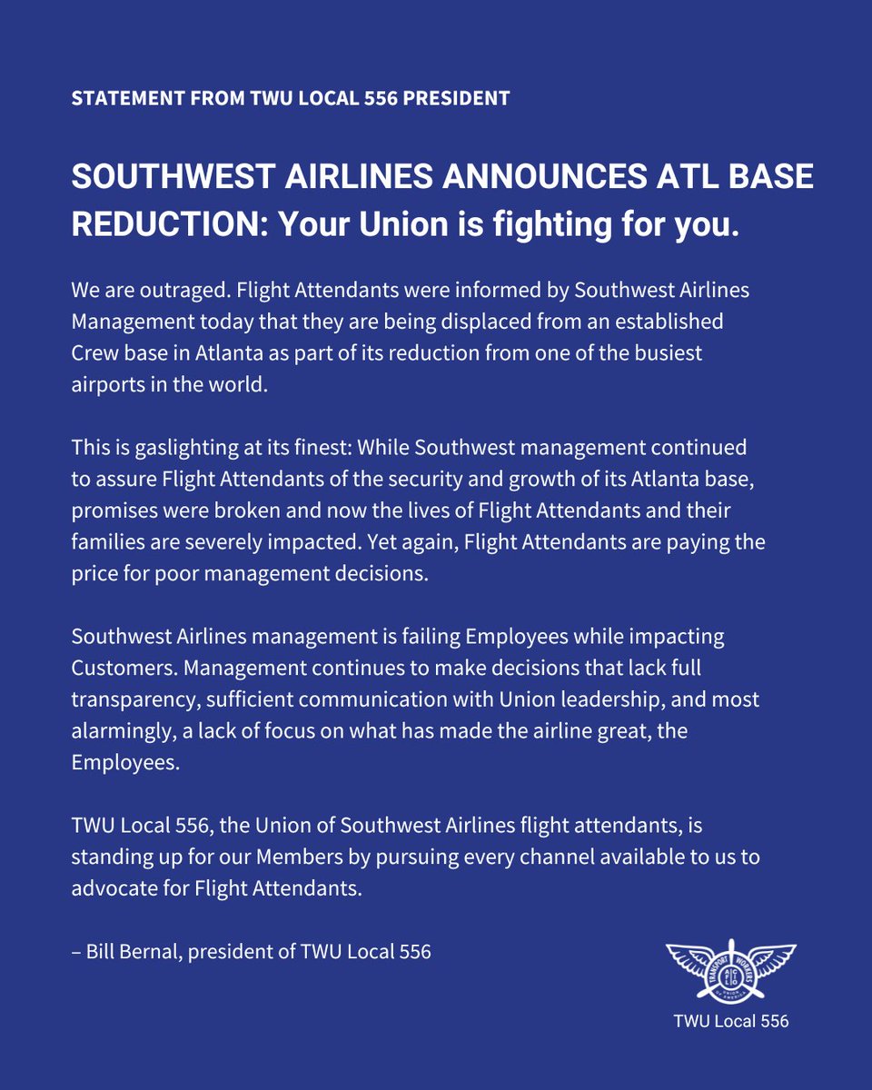 Our ATL-based Flight Attendants deserve better. Southwest Airlines’ decision to cut the Atlanta base affects lives and breaks promises, leaving Flight Attendants and their families facing uncertainty. Our Members deserve better. #UnionStrong #TWU556