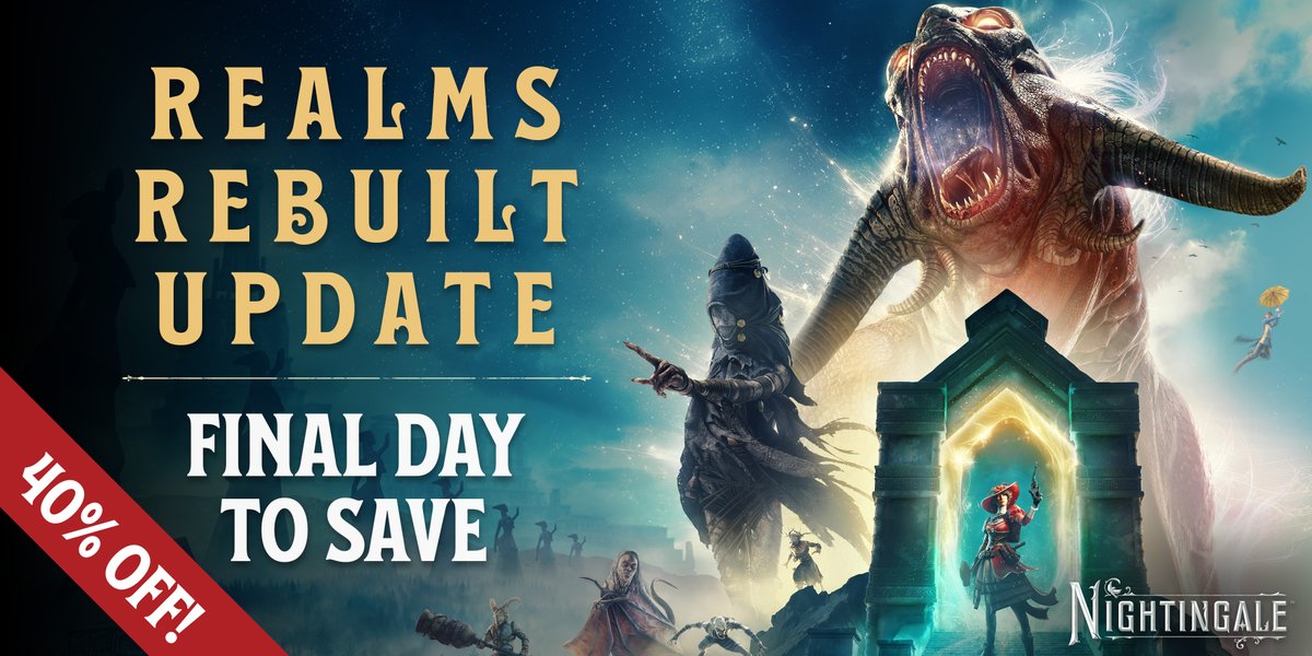 The Nightingale 40% Off Sale ends tomorrow! Jump into the Realms, tell your friends to come along, and don't forget to leave us a review if you can!

store.steampowered.com/app/1928980/Ni…