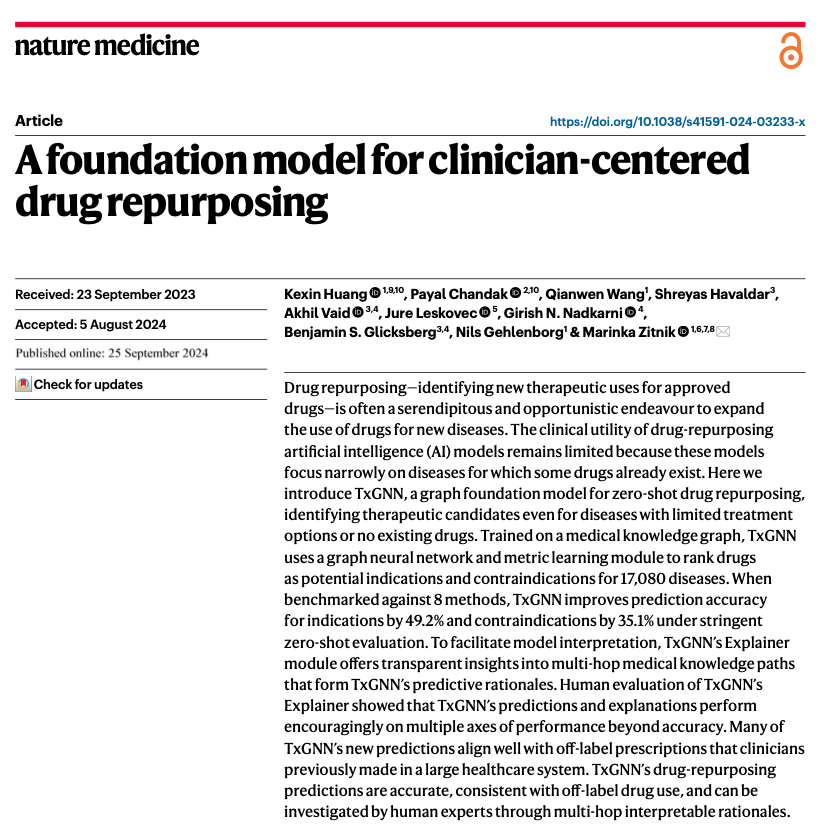 Marinka Zitnik (@marinkazitnik) on Twitter photo Excited to share TxGNN, a model that identifies potential therapies from existing medicines for thousands of diseases. Trained across 17,080 diseases, TxGNN predicts drug candidates for conditions with limited or no treatment options, including rare diseases
<a href="/NatureMedicine/">Nature Medicine</a> Excited to share TxGNN, a model that identifies potential therapies from existing medicines for thousands of diseases. Trained across 17,080 diseases, TxGNN predicts drug candidates for conditions with limited or no treatment options, including rare diseases
<a href="/NatureMedicine/">Nature Medicine</a>