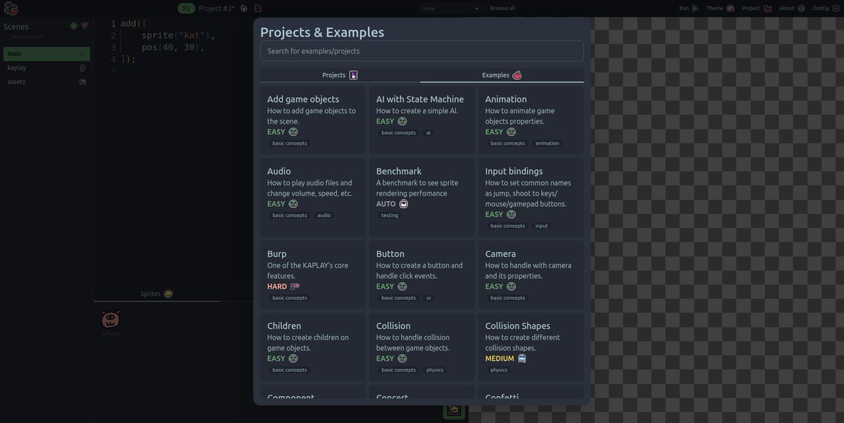 Examples search and filter is coming to KAPLAYGROUND v2, featuring difficulty, tags, descriptions and all. KAPLAY feels like a game.

#javascript #gamedev #kaplayjs #js #typescript