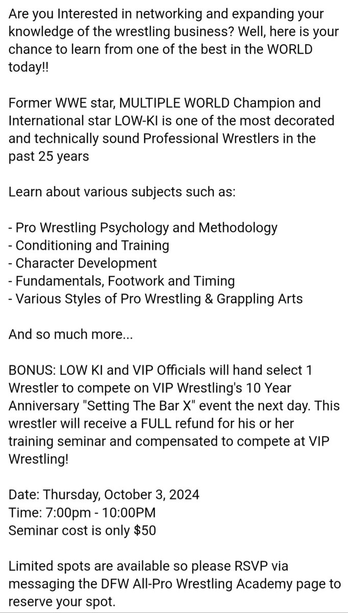 OneWorldWarrior's tweet image. 🎓Seminar Instruction
NO ENDLESS TALKING!

10/3 Texas
7pm-10pm @DFW_ALL_PRO
[Previous/Active Wrestlers Only]
🎟facebook.com/events/s/low-k…

10/25 Tennessee
11am-1pm @WildsideSSF
10/27 Tennessee
1pm-3pm The Emerald Clarksville
🎟 Low-Ki.com

#世界の戦士
#プロControlSystem