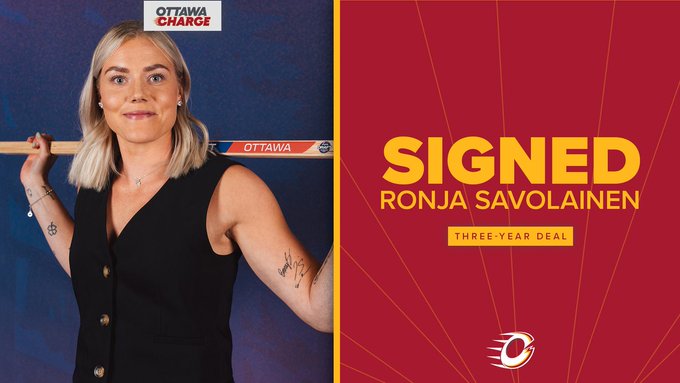 Graphic welcoming Ronja Savolainen to the Ottawa Charge. Yellow text on a red background reads “Signed Ronja Savolainen”. “Three-Year Deal” is in red text on a yellow rectangle directly below, with the Charge logo in white below this. There is a photo of Savolainen at the 2024 PWHL Draft with the Charge wordmark logo above the image.  