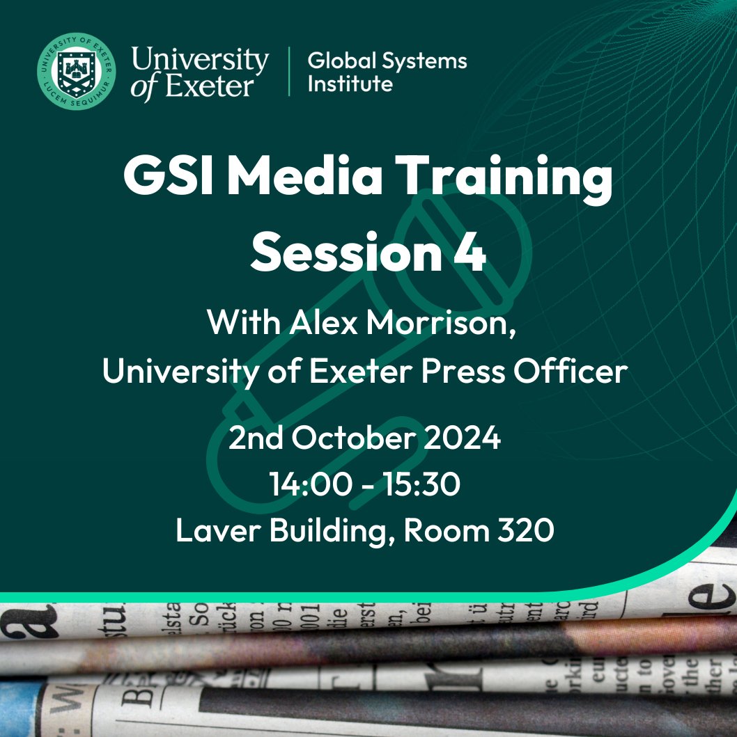Global Systems Institute (@gsi_exeter) on Twitter photo Want to do media interviews on climate change, but not sure you're ready?
This interactive seminar series is run in collaboration with Alex Morrison, who will share tips on how to handle media interviews on a wide range of climate topics.
Email infoGSI@exeter.ac.uk to sign up. Want to do media interviews on climate change, but not sure you're ready?
This interactive seminar series is run in collaboration with Alex Morrison, who will share tips on how to handle media interviews on a wide range of climate topics.
Email infoGSI@exeter.ac.uk to sign up.
