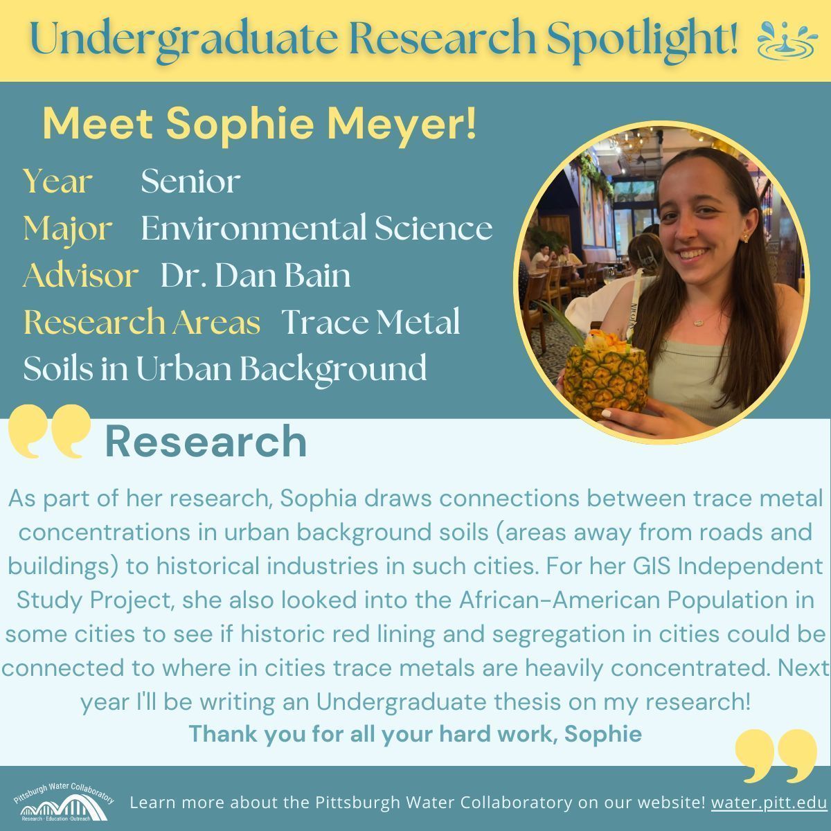 Happy Watershed Wednesday! Today, we are spotlighting undergraduate researcher, Sophie Meyer, a Senior in the Department of Geology and Environmental Science working with Dr. Dan Bain! Amazing work, Sophie.